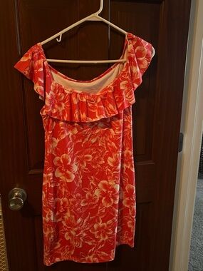 Tommy Bahama Coral and White Floral Off-Shoulder Dress